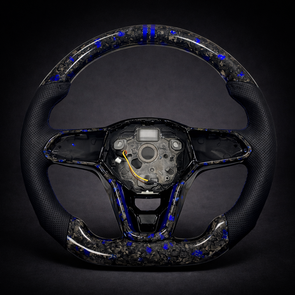 Volante Deportivo Fibra de Carbono Forjado Azul + Cuero VW Golf MK7 MK8 GTI R