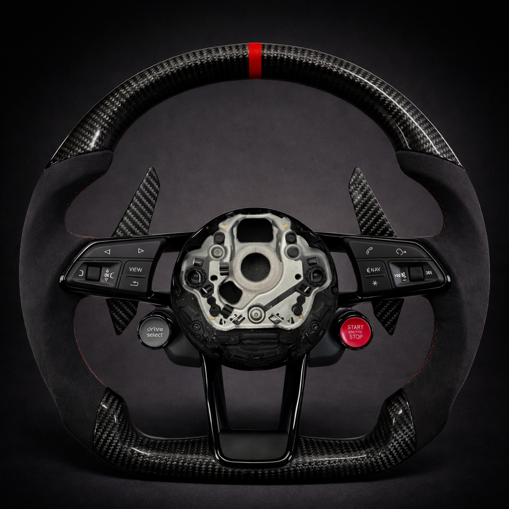 Volante Deportivo Audi RS Fibra de Carbono + Alcántara con Botón Start/Drive Select para A3 A4 A5 RS3 RS4 RS5 S-Line R8 Q5 Q7