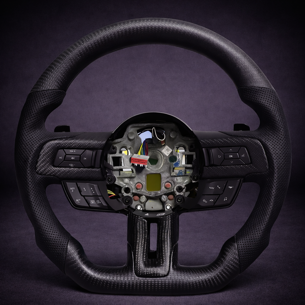 Volante Deportivo de Cuero Perforado y Fibra de Carbono para Ford Mustang 2015–2023